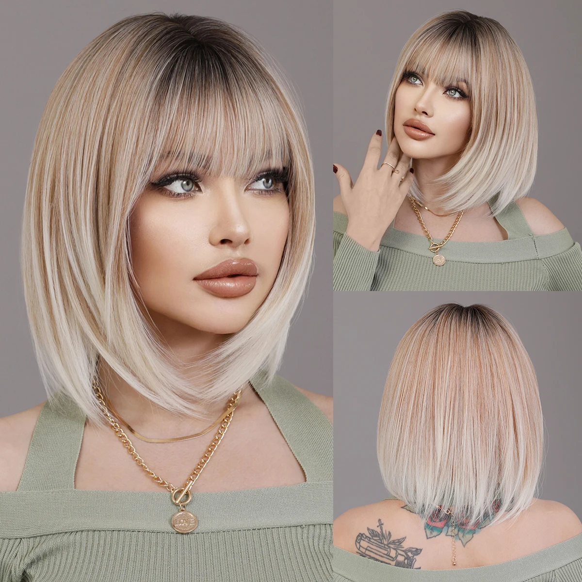 Top Trends: NAMM Ash Ombre Bob Blonde Women Wig For Women Daily Party Short Straight Wigs Synthetic Wigs With Fluffy Bangs Heat Resistant Shoppable Styles