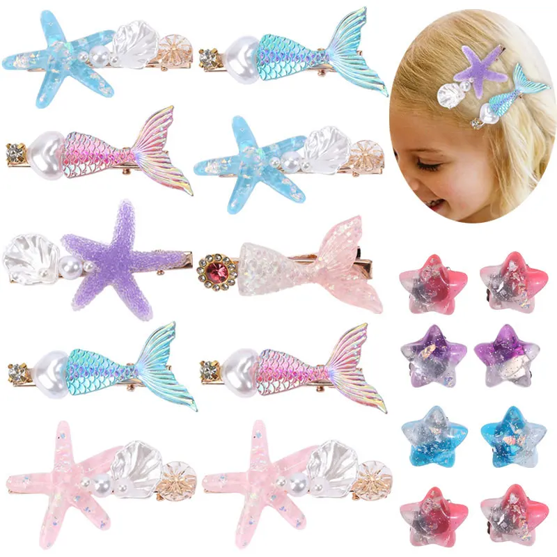 Top Trends: 3PCS Elegant Mermaid Hair Clips Glitter Starfish Pearl Shell Hairpins Princess Star Earring Kids Party Clothes Accessories Shoppable Styles