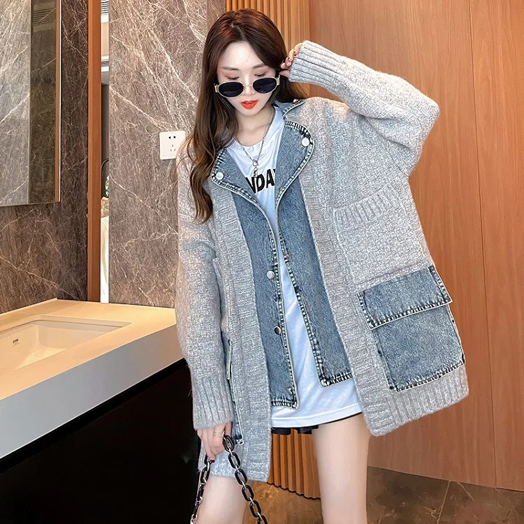 Top Trends: Autumn Winter Women Splicing Denim Jacket Arrivals Stitched Loose Thickened Knitted Sweater Coat Long Sleeve Cardigan Top Shoppable Styles