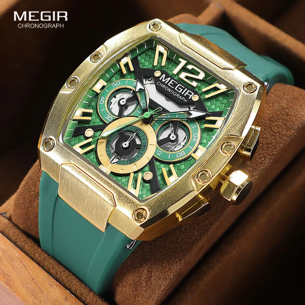 Top Trends: MEGIR Fashion Sport Quartz Watch For Men Waterproof Golden Green Silicone Strap Chronograph Wristwatch With Date Luminous Hands Shoppable Styles