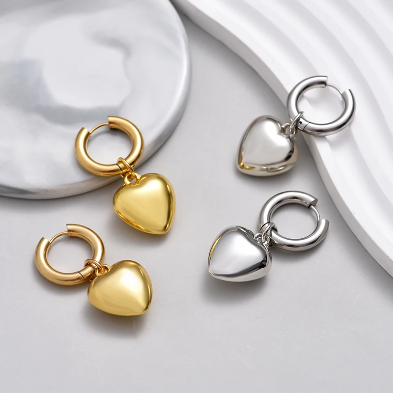 Top Trends: New Stainless Steel Hoop Heart Pendant Earrings For Women Statement Solid Circel Gold Silver Black Color Earrings Jewelry Gift Shoppable Styles