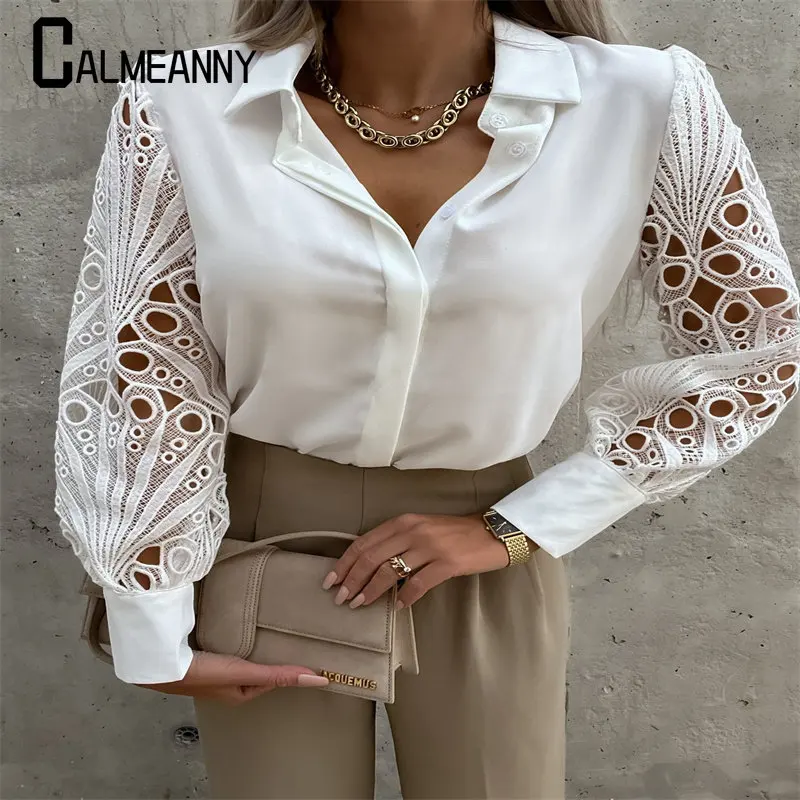 Top Trends: Summer Autumn Tops Blouses Solid Color Elegant Vintage Shirts Blouse Women Lace HollowOut Long Sleeve Lapel V Neck Shirts Ladies Shoppable Styles - Image 4