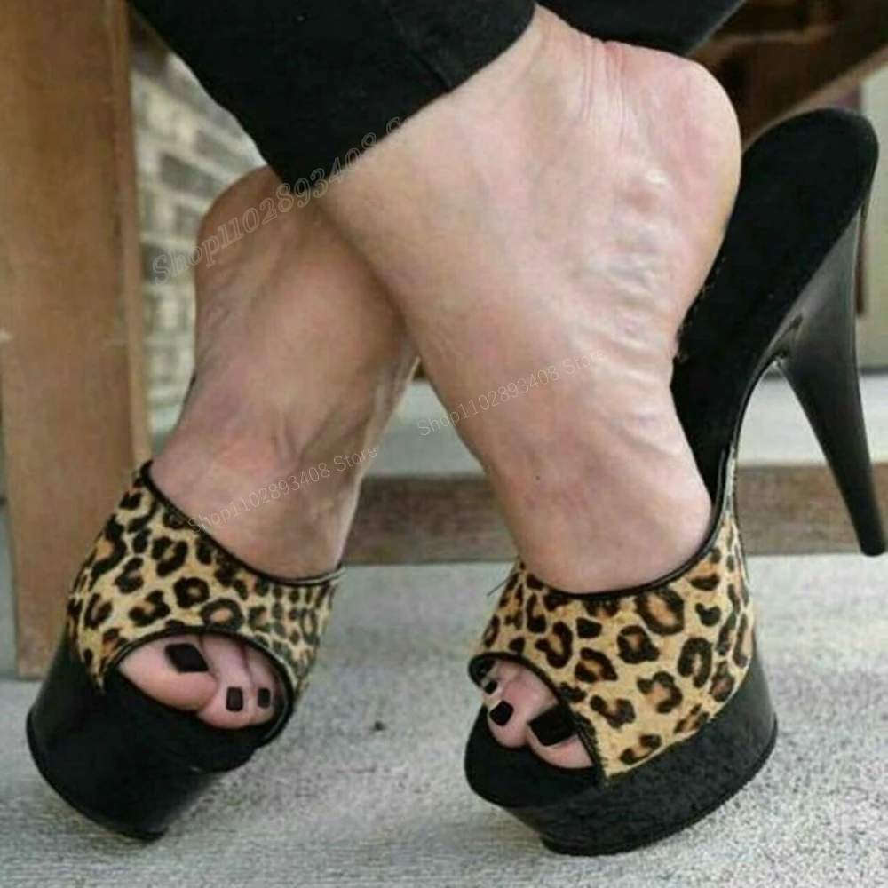 Top Trends: Brown Leopard Platform Peep Toe Slippers Stiletto High Waterproof Heel Slip-on Fashion Sexy Women Shoes 2024 Zapatos Para Mujere Shoppable Styles