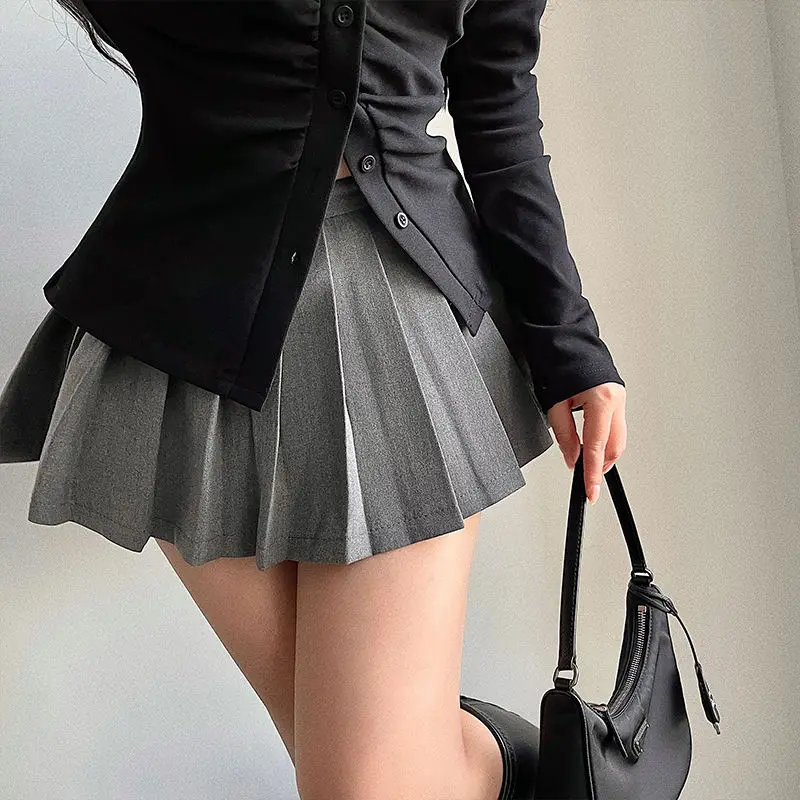 Top Trends: HOUZHOU Pleated Skirt With Shorts Women Sexy High Waist Grey A-line Korean Style Gyaru Mini Tennis Skirt School Girl Summer Shoppable Styles