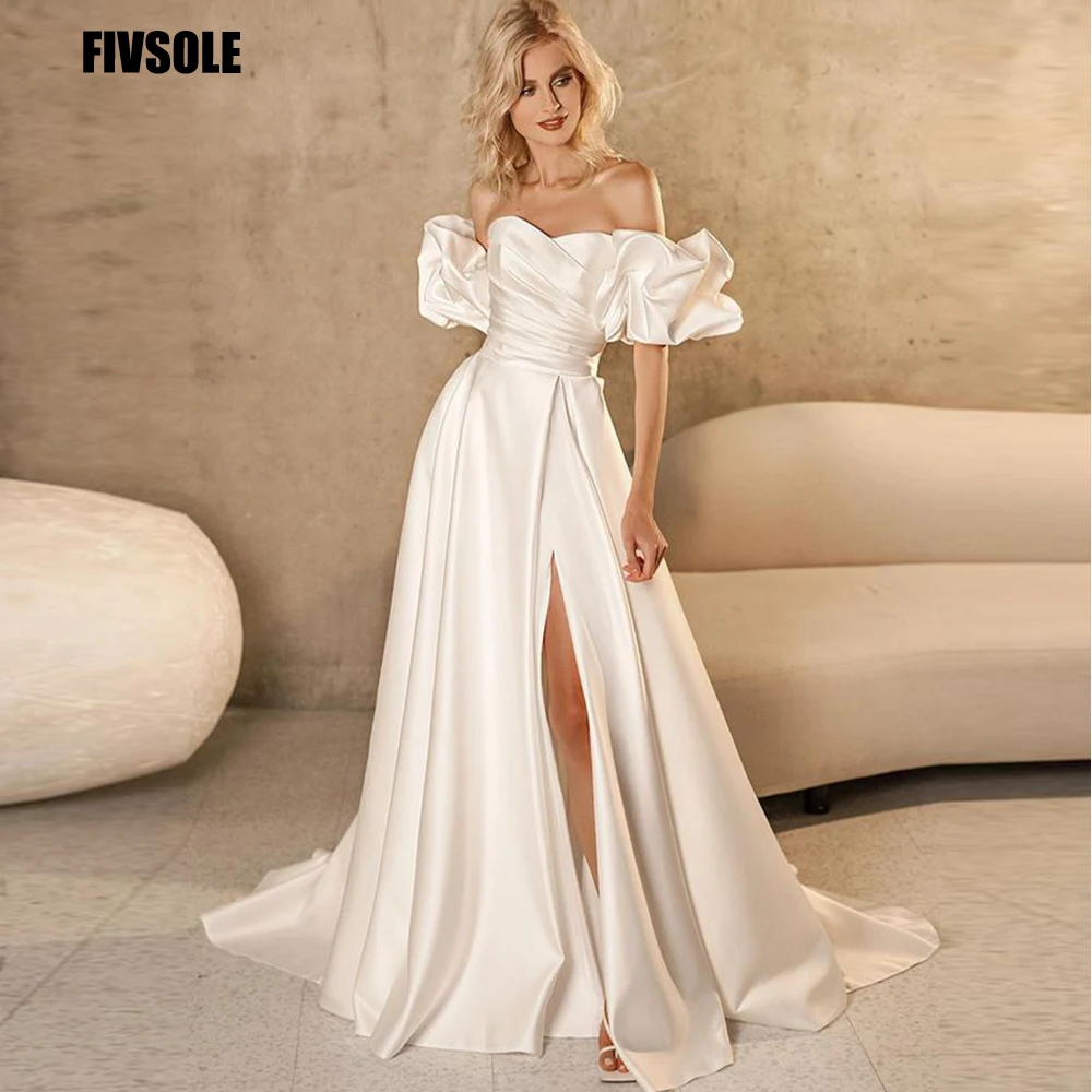 Top Trends: Fivsole Puff Sleeves Wedding Dress A Line Sexy Side Split Bridal Gown Simple Sweetheart Beach Bridal Dresses Vestidos De Novia Shoppable Styles