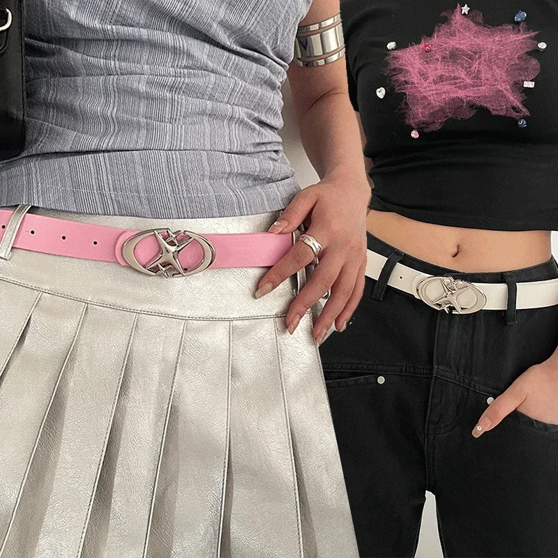 Top Trends: Fashion Spicy Girl Pink PU Leather Belt Metal Punk Cross Buckle Moon Star Buckle Belt Waistband Women Y2K Jeans Pants Decor Belt Shoppable Styles