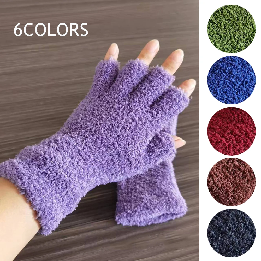 Top Trends: 1Pair Winter Women Gloves Half Finger Fingerless Gloves Outdoor Mittens Wrist Cuffs Knitted Half-finger Gloves Solid Color Warm Shoppable Styles