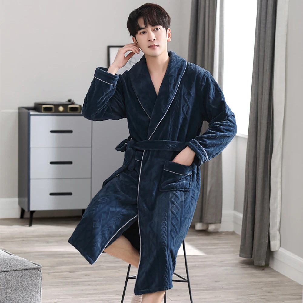 Top Trends: L-4XL Long Shower Robe Autumn Winter Plush Thicken Flannel Antistatic Double-side Coral Fleece Soft Men&#039;s Bathrobe Dressing Gown Shoppable Styles