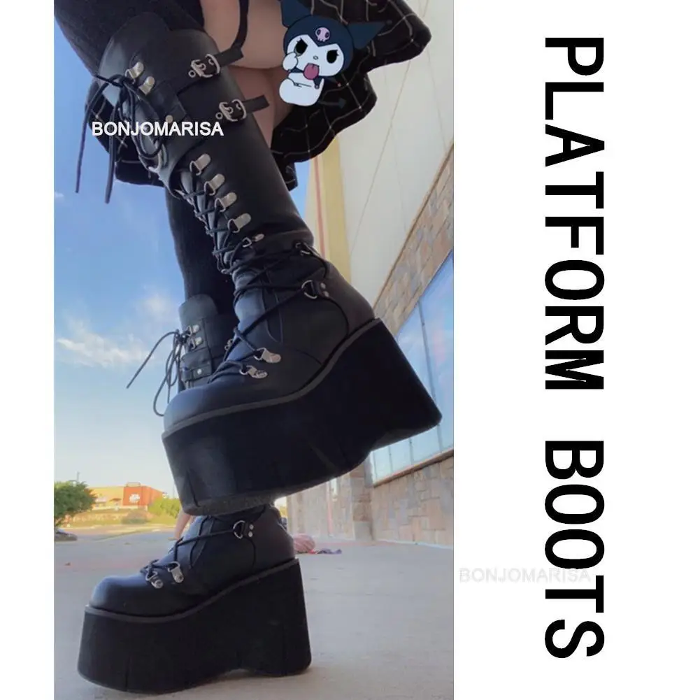 Top Trends: BONJOMARISA Platform Boots For Women Wedges Knee High Black Lace Up Fashion Goth Gothic Boots Punk Shoes Girls Winter 2022 Shoppable Styles - Image 4