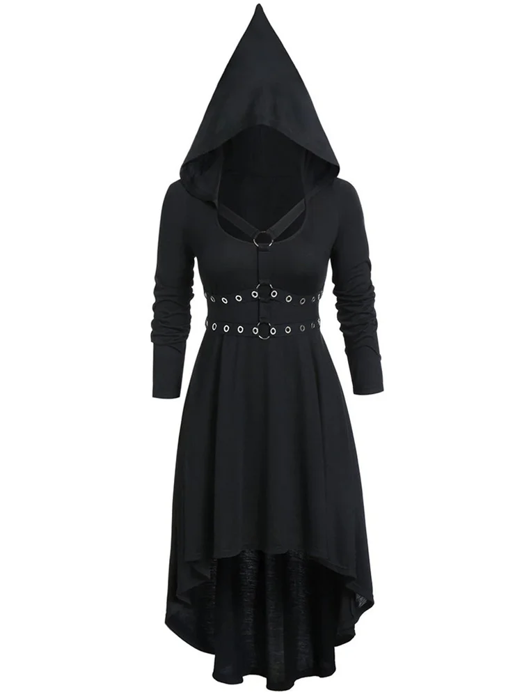 Top Trends: Gothic Dark Punk Black Medieval Hooded Dress Harajuku Vintage Irregular Women Slim Pointed Hat Corns Cross Tie Long Sleeve Dress Shoppable Styles