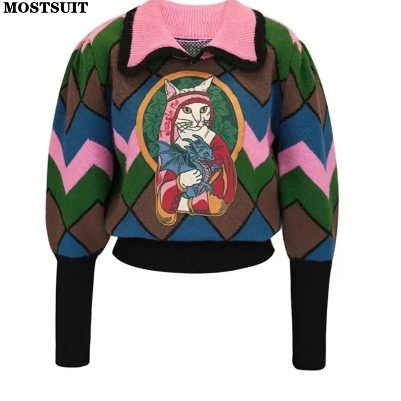 Top Trends: Vintage Stylish Argyle Knit Sweater Women Cartoon Embroidered Long Sleeve Pullover Tops 2024 Spring Long Sleeve Elegant Jumpers Shoppable Styles