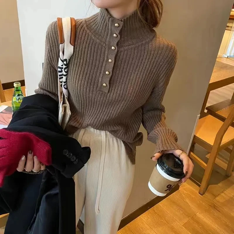 Top Trends: Autumn Winter Loose Knitted Sweater Women Korean Half Turtleneck Long Sleeve Sweaters Ladies All-Match Thick Warm Soft Jumper Shoppable Styles