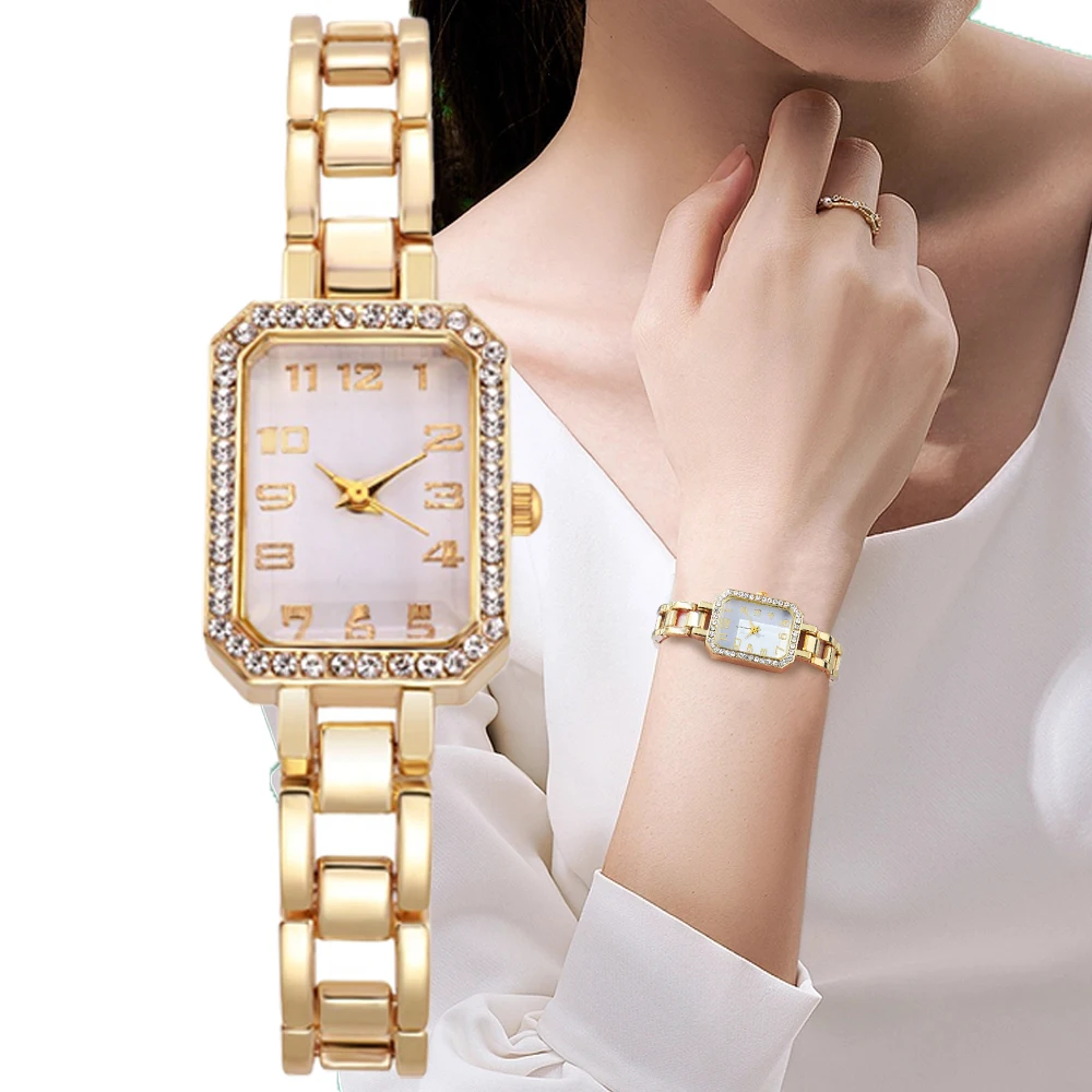 Top Trends: Luxury Women's Watch 2023 New Simple Square Full Diamond Digital Quartz Watch Gold Stainless Steel Bracelet Women's Dress Clock Shoppable Styles