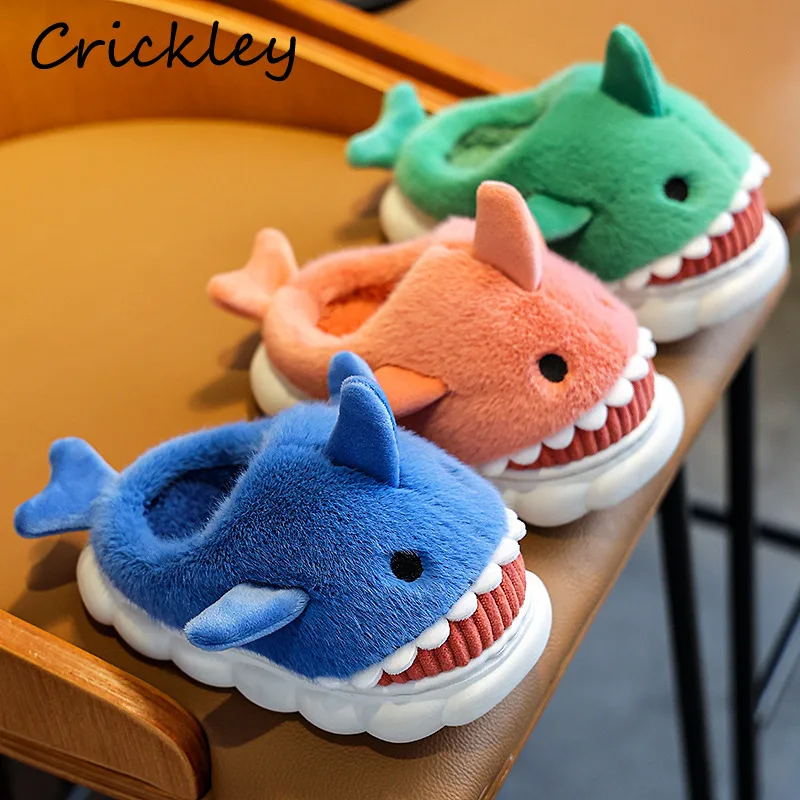 Top Trends: Winter Girls Boys Slippers 2022 Cartoon Shark 3D Warm Plush Children Indoor Slippers Non Slip Platform Bedroom Kids House Shoes Shoppable Styles