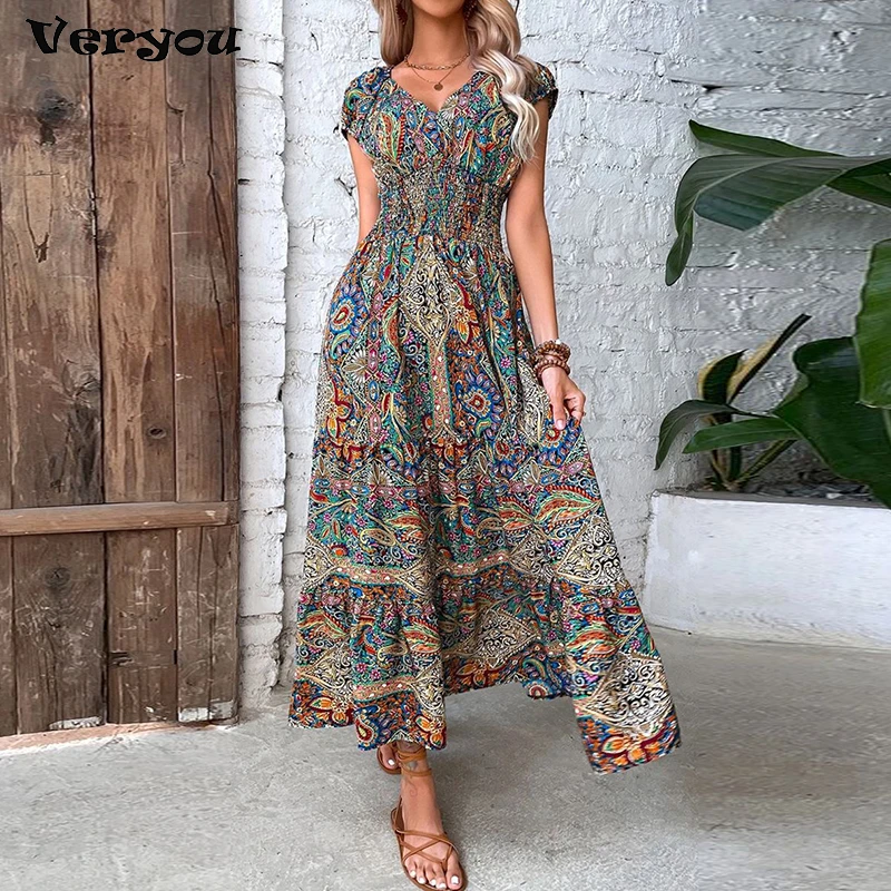 Top Trends: 2023 Vintage Print Long Dress Women Summer V Neck Sexy Short Sleeve Elegant Elastic Waist A-line Maxi Dresses For Women Shoppable Styles