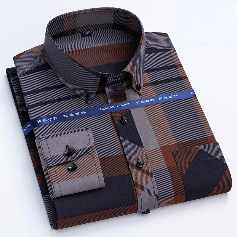 Top Trends: 6XL Bronzing Craft Free Ironing Anti-wrinkle Business Male Social Formal Shirts Casual Printing Slim Fit Long Sleeve Shirt Men Shoppable Styles