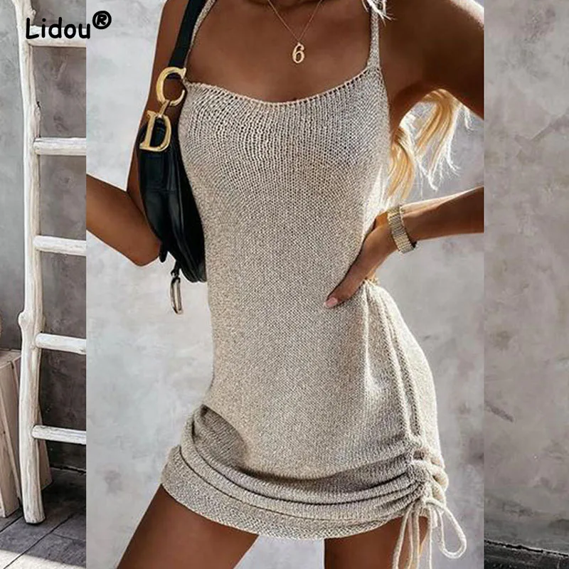 Top Trends: Sleeveless Sling Mini Short Dress Casual Fashion Backless Drawstring Low Collar Solid Sexy Spring Summer 2022 New Women Dresses Shoppable Styles