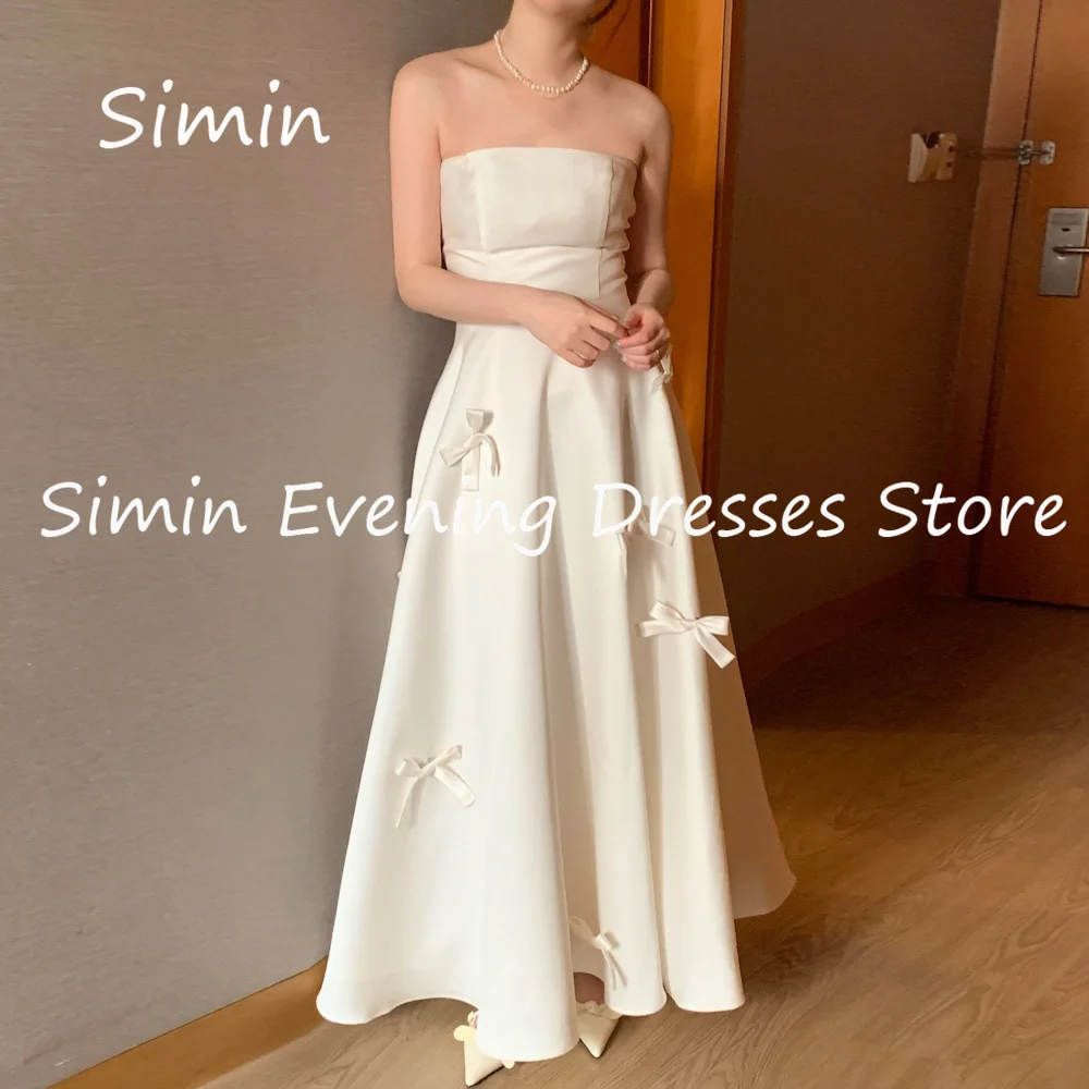 Top Trends: Simin Satin A-line Strapless Ruffle Bow Formal Prom Gown Korea Ankle-length Evening Elegant Party Dresses For Women 2023 Shoppable Styles