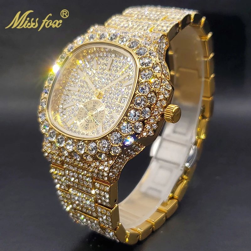 Top Trends: Gold Watch For Men Diamond Iced Out Hip Hop Stylish Quartz Watches For Male Double Dial Heavry Waterproof Wristwatches Summer In Shoppable Styles