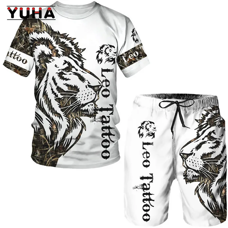 Top Trends: YUHA, The Lion 3D Printed O-neck T-shirt&Shorts Suit Casual Sportwear Tracksuit Set Summer Men's Animal Tattoo White Short Sleev Shoppable Styles