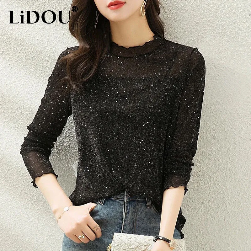 Top Trends: Spring Summer Fashion Stand Collar Sequined Slim T-shirt Ladies Long Sleeve All-match Elastic Bottoming Pullover Top Women Tees Shoppable Styles