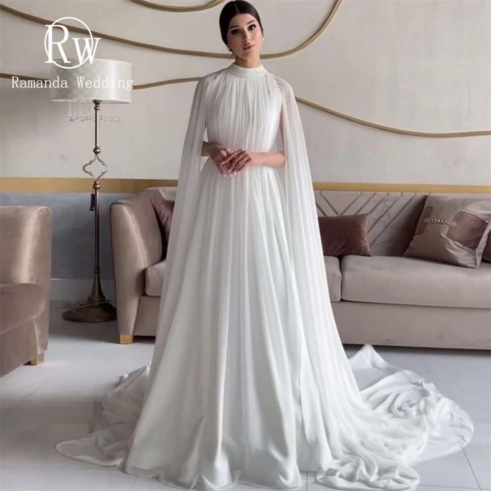 Top Trends: Ramanda Simple Saudi Arabia High Neck Chiffon Sweep Train Wedding Dress Cape Sleeves Simple Pleats Ruching A-line Bridal Gown Shoppable Styles