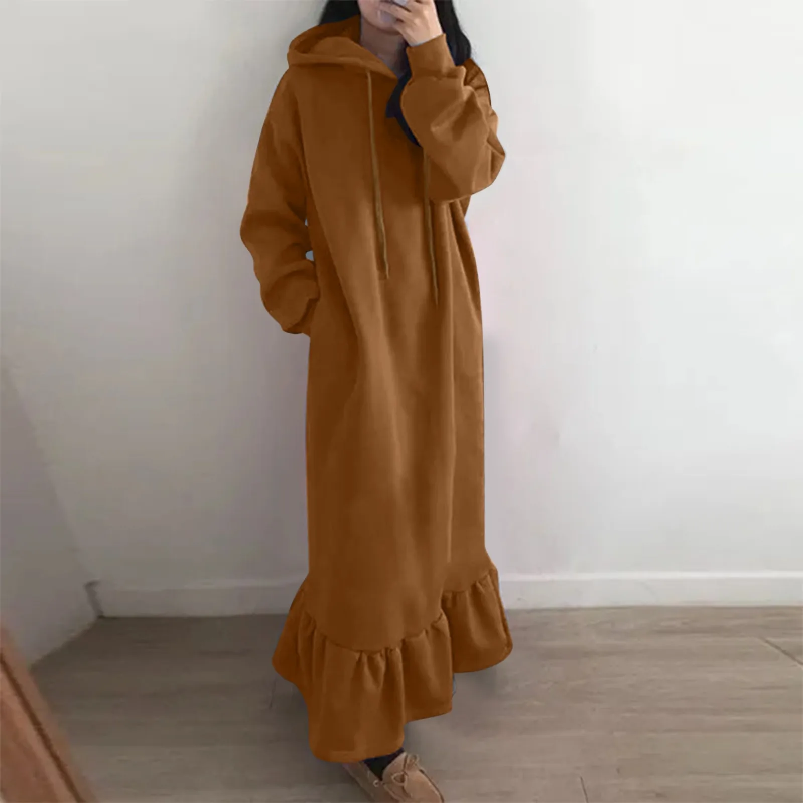 Top Trends: 2023 New Fashion Hooded Sweatshirts Dress Women Casual Solid Long Sleeve Maxi Dresses Winter Clothes Vestidos Warm Robe Femme Shoppable Styles - Image 3