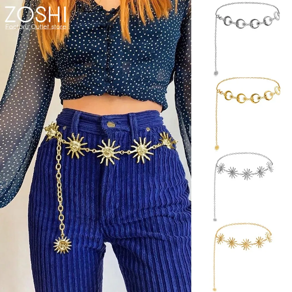 Top Trends: Gold Plated Sun Style Belts Chains Vintage Harajuku Women High Waist Belt Gothic Chain Patchwork Fashion Moon Pendant Girls Shoppable Styles