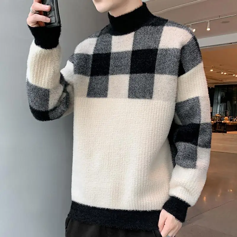 Top Trends: Fashion Half High Collar Knitted Spliced Lattice Korean Sweater Men&#039;s Clothing 2022 Autumn New Casual Pullovers Loose Warm Tops Shoppable Styles