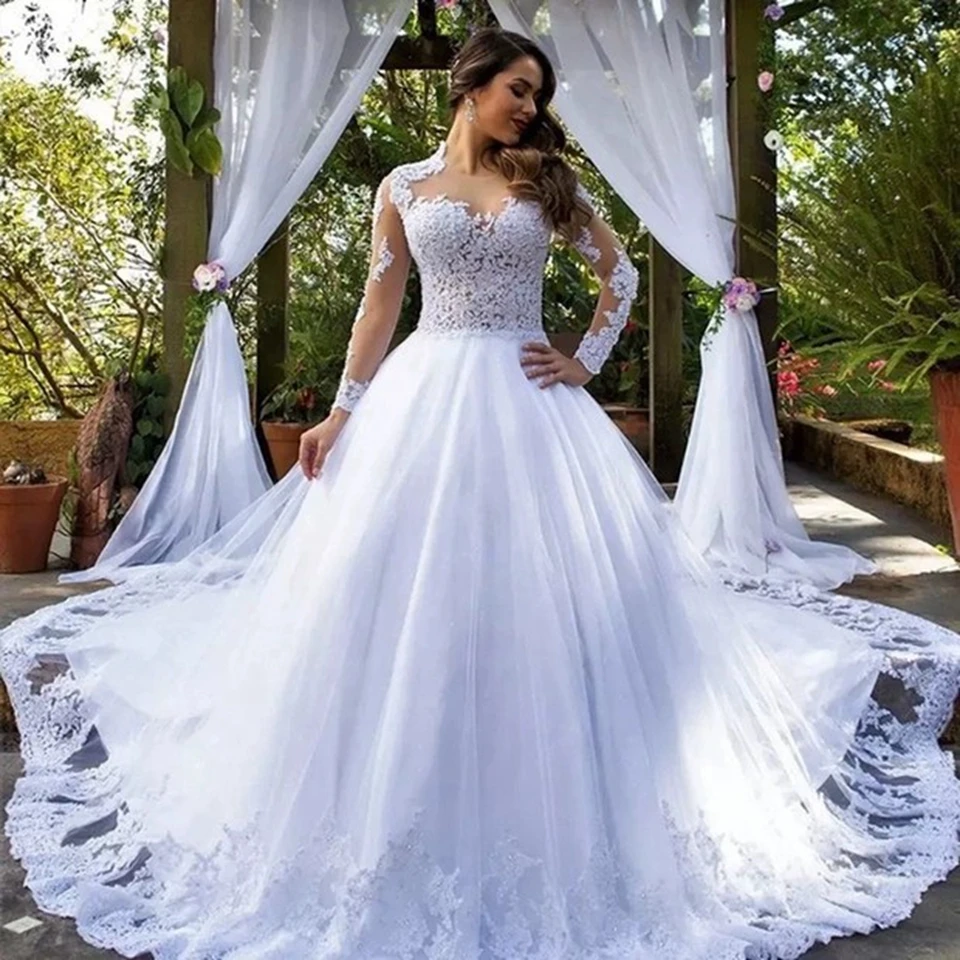 Top Trends: 2022 Luxury White / Ivory Women Long Train Wedding Dress Lace Appliques Illusion Beading Sequins O-Neck Elegant Tulle Bridal Gowns Shoppable Styles