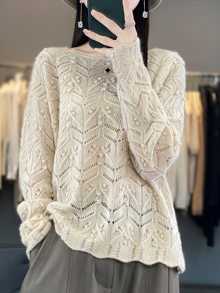 Top Trends: Autumn 2023 New Round Neck Cashmere Sweater Women's Loose Hollow Crochet Sweater Korean Pullover Wool Knitted Base Shoppable Styles