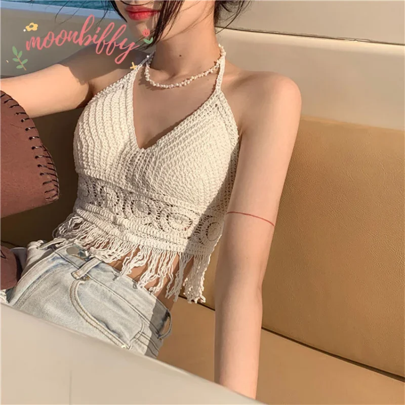 Top Trends: Woman Sexy Top Crochet Tank Tops Women Corset Femme Tanks Crop Camisole Fashion Knit Camis Built In Bra Back Lace Halter Neck Shoppable Styles