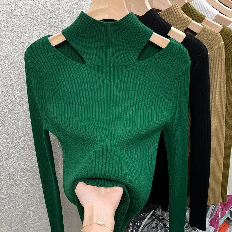 Top Trends: Women&#039;s Blouse Chic Hollow Out Sexy Knitted Pullovers For Autumn Winter Female Korean Clothing Solid Full Sleeve Bottoming Shirt Shoppable Styles