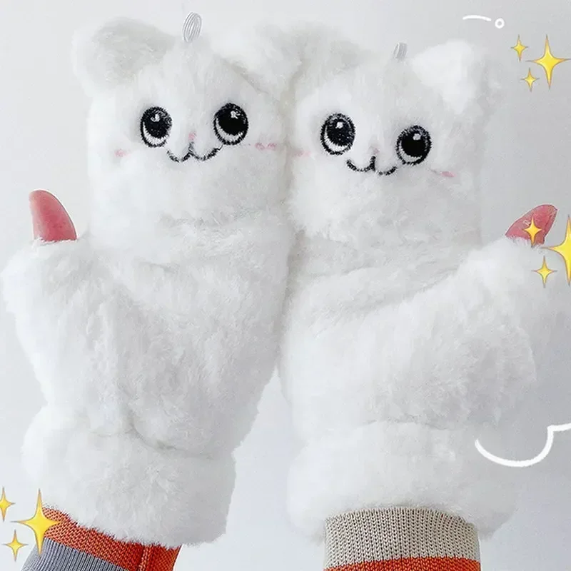 Top Trends: Fashion Women Plush Warm Glove Fur Rabbit Cat Mittens Flip Fingerless Gloves Soft Girls Thick Gloves Flexible Half Finger Winter Shoppable Styles