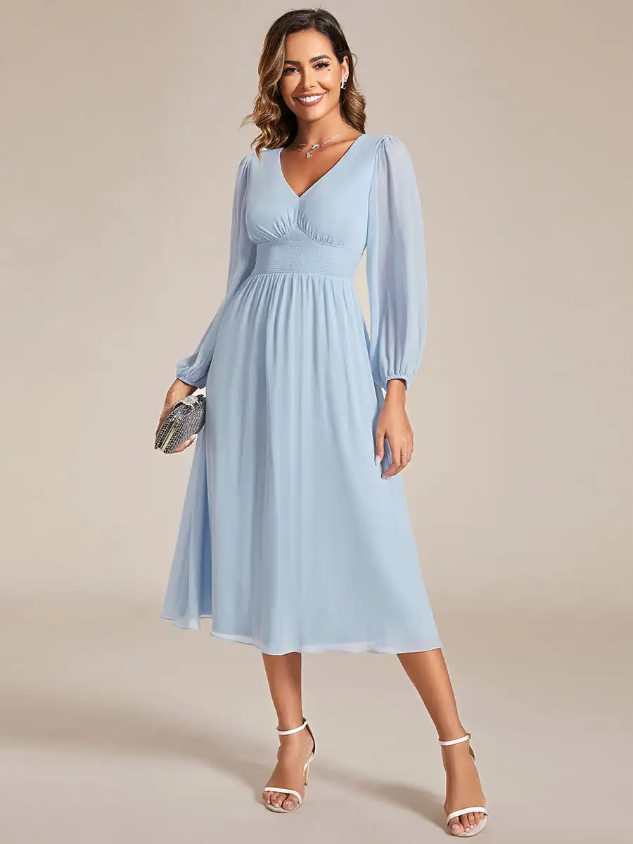 Top Trends: Elegant Evening Dresses V-neck Long Sleeves Beautiful Pendant 2024 BAZIIINGAAA Of Chiffon Ice Blue Wedding Guest Dresses Shoppable Styles