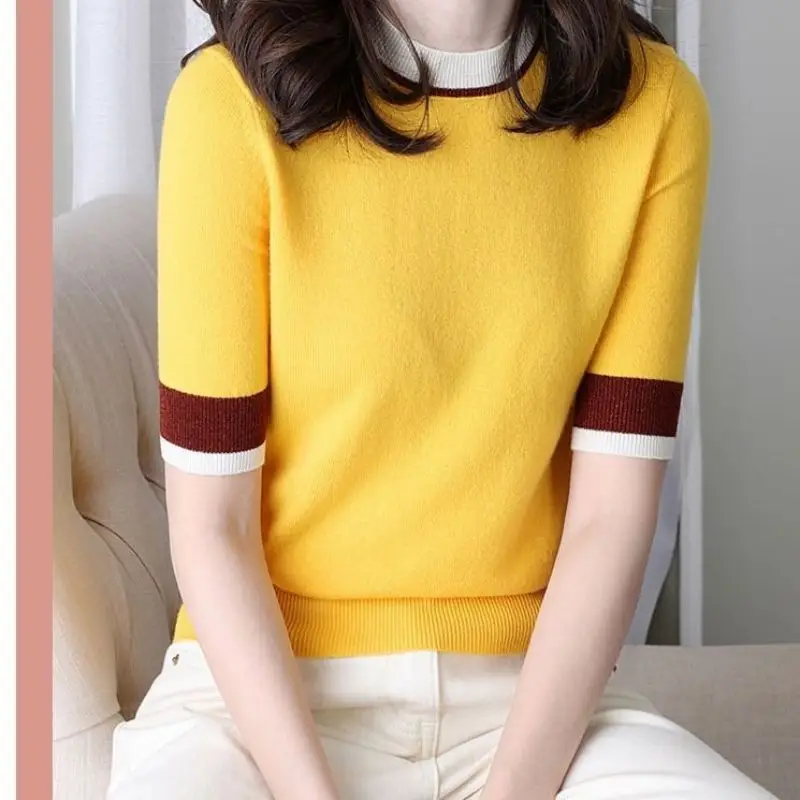 Top Trends: Fashion O-Neck Knitted Spliced Loose Korean Blouse Women's Clothing 2023 Summer New Casual Pullovers Short Sleeve Commute Shirt Shoppable Styles