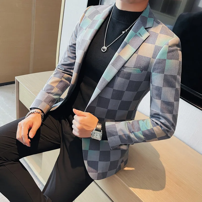 Top Trends: Men Spring High Quality Plaid Business SuitJackets / Male Slim Fit Casual Tuxedo / Men Social Club Outfits Plaid Blazer 4XL-M Shoppable Styles