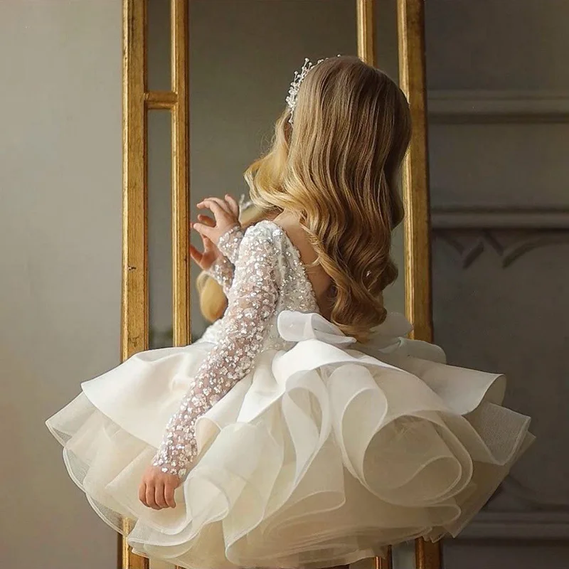 Top Trends: Formal Long Sleeve Sequins Lace Wedding Princess Dress Birthday Evening Bow Kids Dress For Girl Bridesmaid Children Fluffy Gown Shoppable Styles