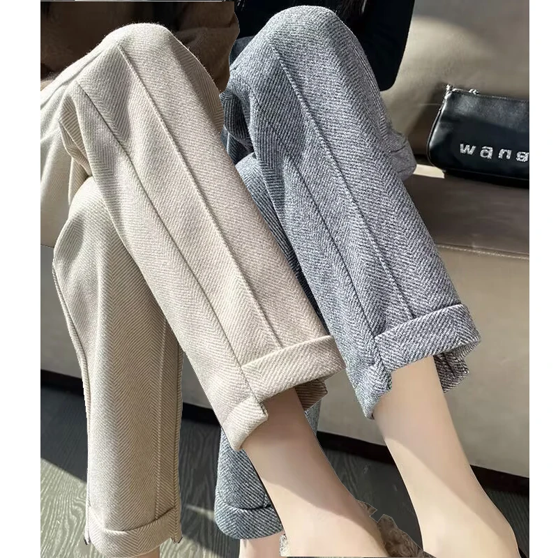 Top Trends: High-waisted Tweed Straight Pants 2023 Autumn / Winter New Women&#039; S Pants Loose Casual Herringbone Warm Thickened Cropped Pants Shoppable Styles