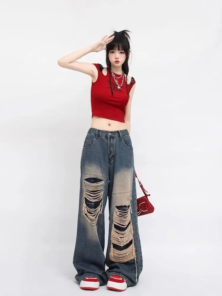 Top Trends: High Street Niche Design Sense Distressed Jeans For Women In Summer Retro High Waisted Loose And Skinny Wide Leg Pants For Women Shoppable Styles