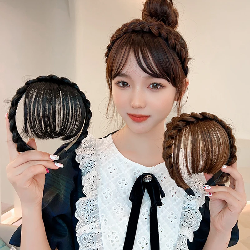 Top Trends: Synthetic Fake Bangs Hair Neat Fringe Bands With Double Row Braids Headband Heat Resistant Bangs In Hair Extensions Hairpieces Shoppable Styles