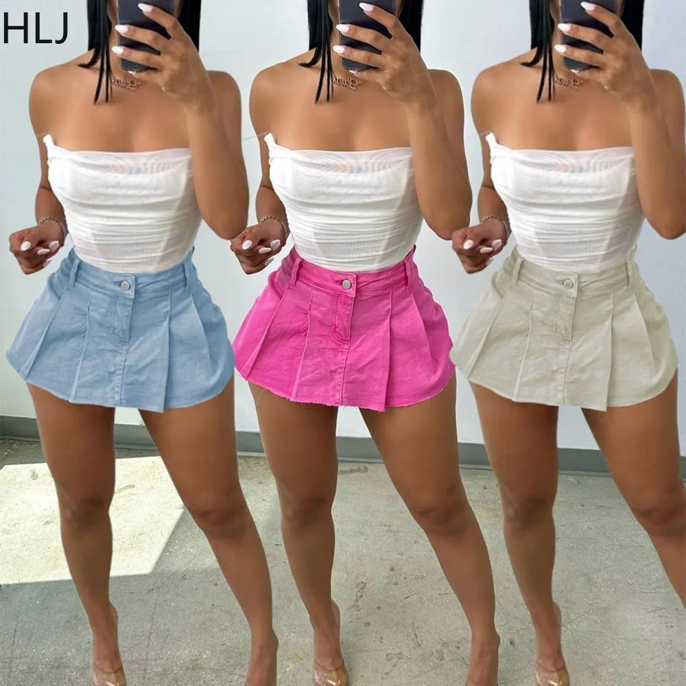 Top Trends: HLJ Y2k Denim Mini Skirts Women Summer Solid Color Pleated Skirts Shorts Ball Gown Skirts Jeans Female Casual A-line Mini Skirts Shoppable Styles