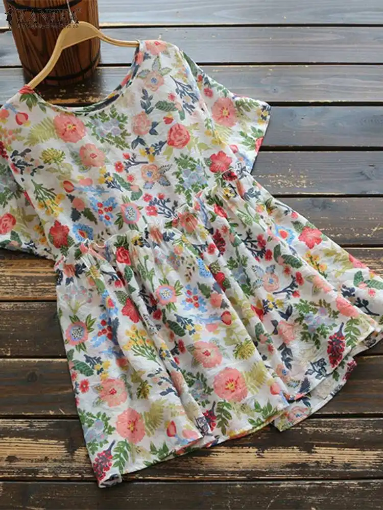 Top Trends: Fashion Women Crop Tops ZANZEA Bohemian Floral Printing Blouse Casual Round Neck Short Sleeve Pleating Waisted Summer 2023 Tunic Shoppable Styles