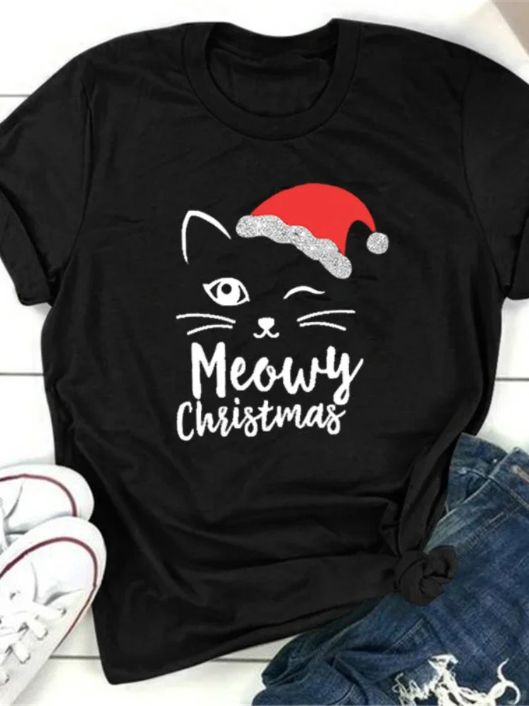 Top Trends: Cat Face Meowy Christmas Print Women T Shirt Short Sleeve O Neck Loose Women Tshirt Ladies Tee Shirt Tops Camisetas Mujer Shoppable Styles