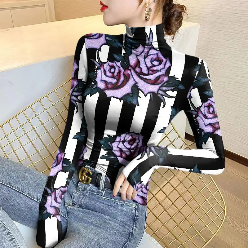 Top Trends: Women&#039;s Half High Collar Thin Bottom 2023 Autumn And Winter New Fashion Printing Striped Long Sleeve Pullover Slim T-shirt Tops Shoppable Styles