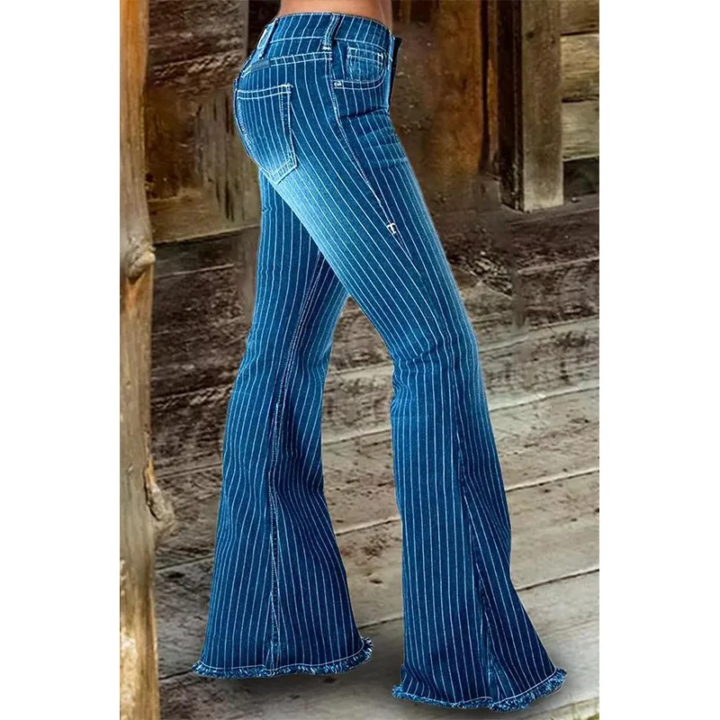 Top Trends: 2023 New Hot Selling Fashion Casual Women's Wear Popular Mid Rise Striped Flare Pants Jeans Shoppable Styles