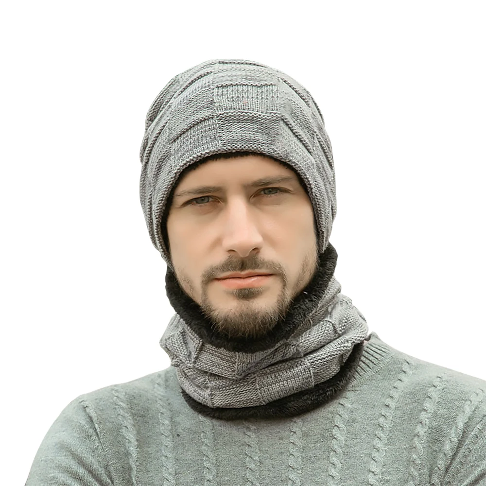 Top Trends: Men&#039;s Winter Keep Warm Beanie Scarf Set Male Fleece Lining Woolen Yarn Hat Knit Neck Gaiter Solid Color Plaid Design Wholesale Shoppable Styles