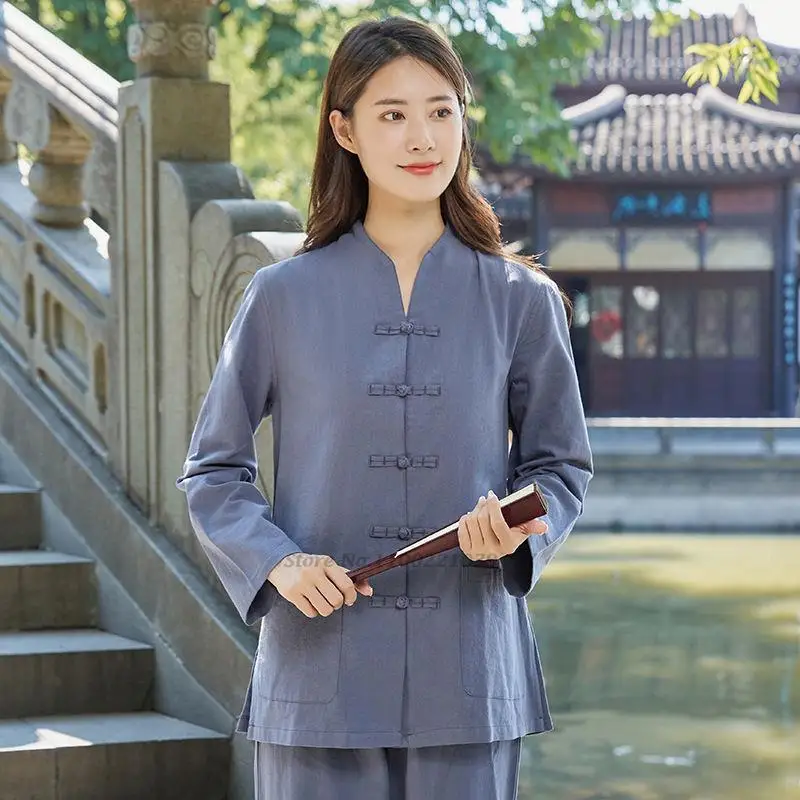 Top Trends: 2024 Women Chinese Traditional Tang Suit Linen Zen Tea Hanfu Cardigan Trousers Suit Ladies Tai Chi Kung Fu Uniform Pants Tops Shoppable Styles - Image 5