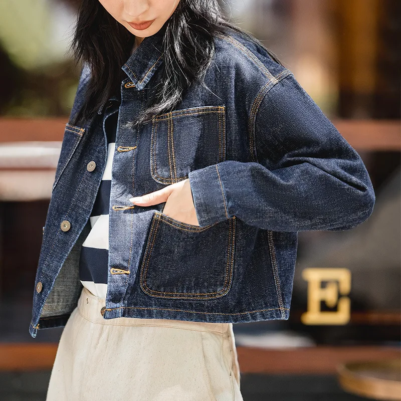 Top Trends: Maden Denim Jacket For Women Dark Blue Short Coat Vintage Jeans Jacket Washed Turn Down Collar Loose Streetwear Designer Brand Shoppable Styles