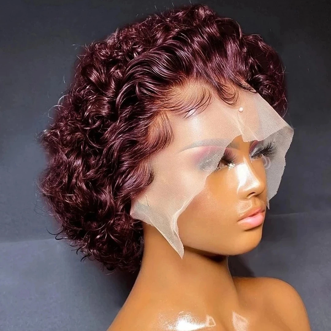 Top Trends: Pixie Cut Wig Short Bob Curly Human Hair Wigs Cheap 13X1 Transparent Lace 99J Burgundy Water Deep Wave Lace Front Wig For Women Shoppable Styles